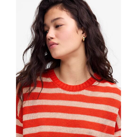 Madewell Linen Drop Shoulder Sweater Bright Flame Striped Nautical Small - Picture 5 of 14